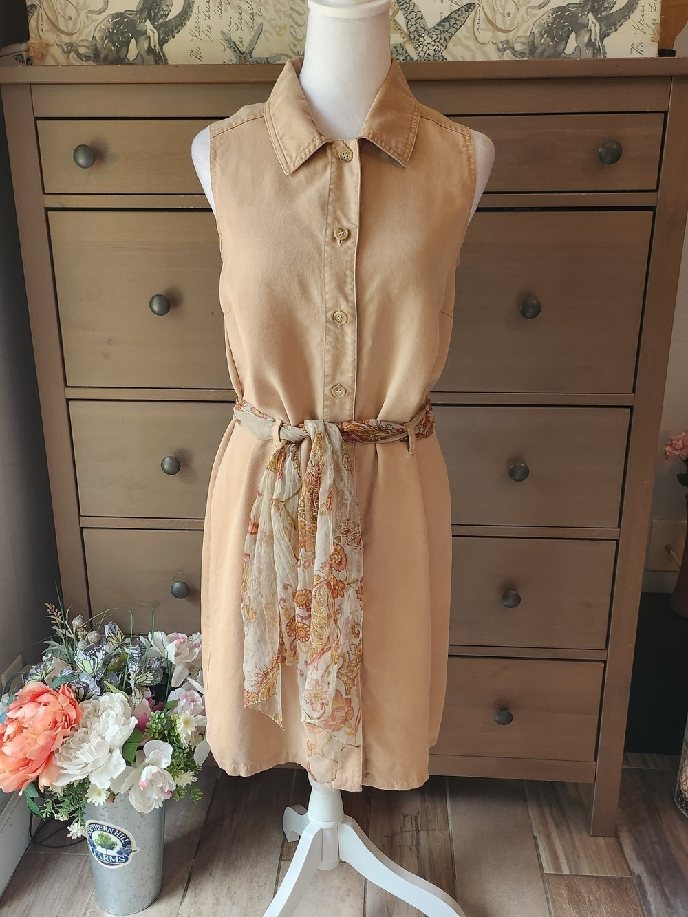 Sleeveless Tan Shirt Dress By Mary McFadden